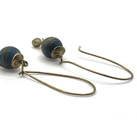 Vintage 1970's Dangle Long Loop Earrings With Blue and Gold Beads Handmade 2" - Picture 3 of 4